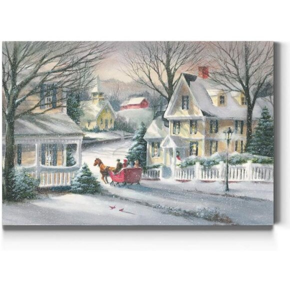 Canvas Festival Wall Art Home Paintings & Prints Artwork Village Sleigh Snow Rid